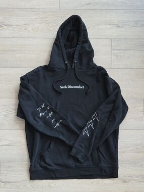 Seek Discomfort Black Graphic Hoodie with Sleeve Details